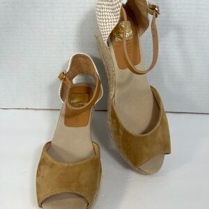Kanna Suede Tan Espadrille Wedge Sandals Ankle Strap Spain Size 9 Womens Resort